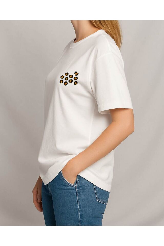 Tişört Unisex (Leopar Desen) Kadin Beyaz - XL
