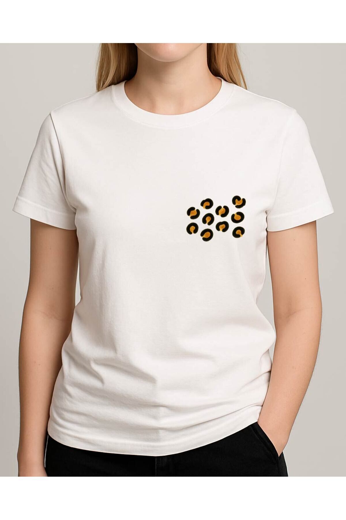 Tişört Unisex (Leopar Desen) Kadin Beyaz - L