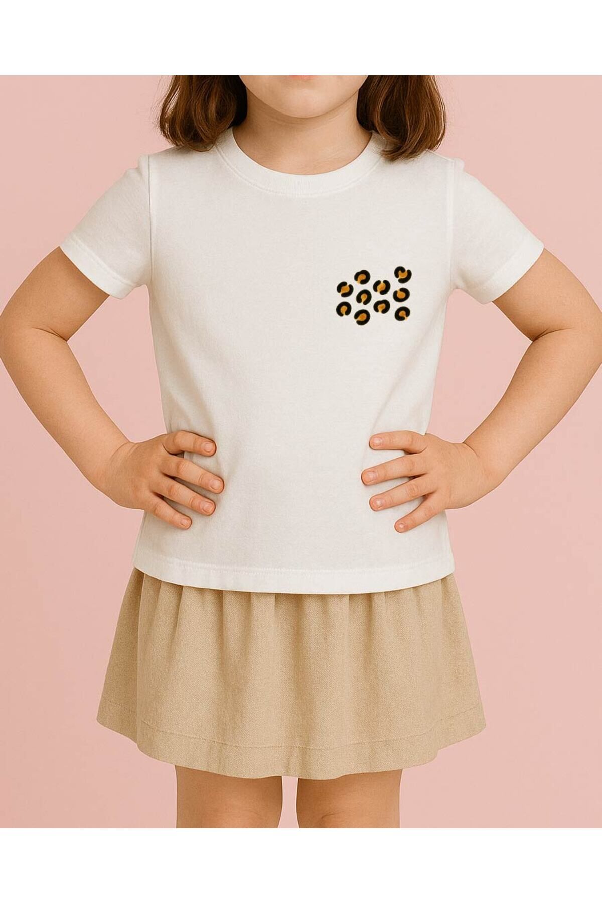 Tişört Unisex Çocuk (Leopar Desen) Kiz Beyaz - 4-5 Yaş