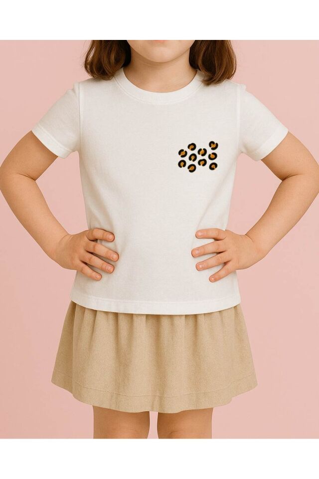 Tişört Unisex Çocuk (Leopar Desen) Kiz Beyaz - 4-5 Yaş