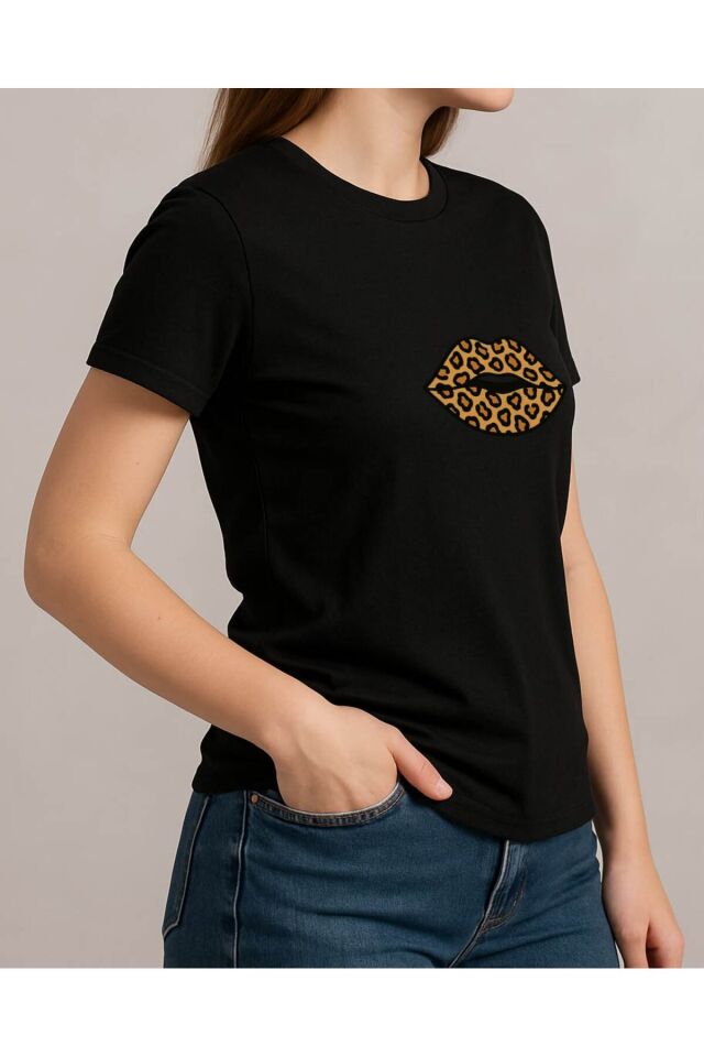 Tişört Unisex (Leopar Dudak) Kadin Si̇yah - S