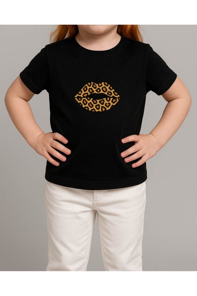 Tişört Unisex Çocuk (Leopar Dudak) Kiz Si̇yah - 4-5 Yaş