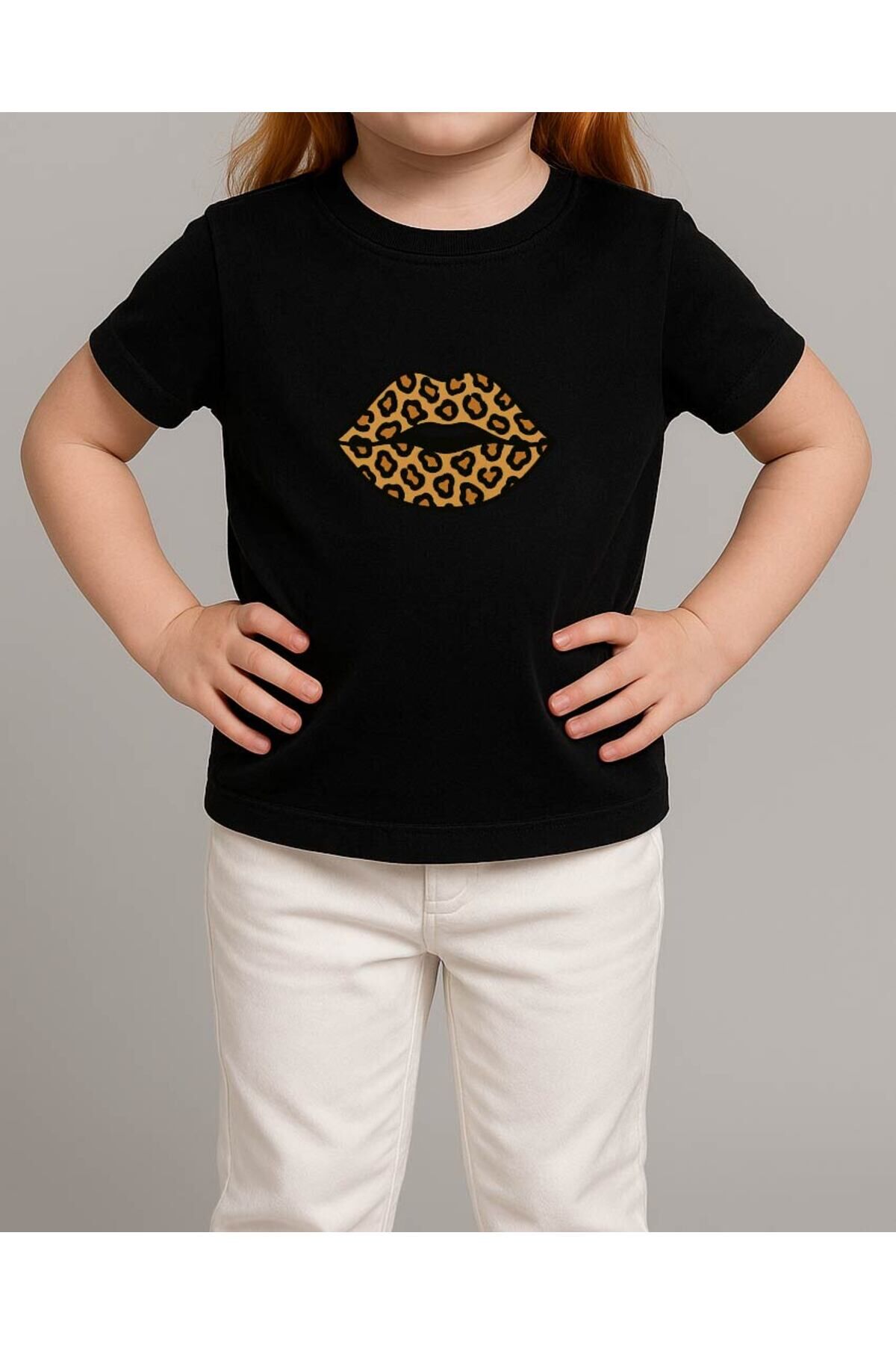 Tişört Unisex Çocuk (Leopar Dudak) Kiz Si̇yah - 10-11 Yaş