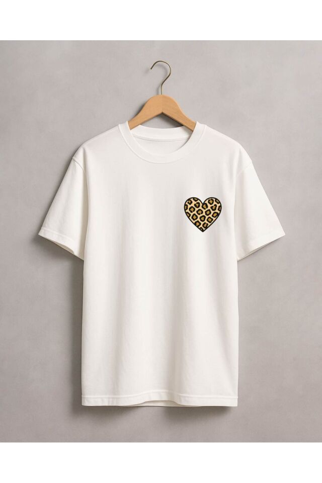 Tişört Unisex (Leopar Kalp) Kadin Beyaz - XL