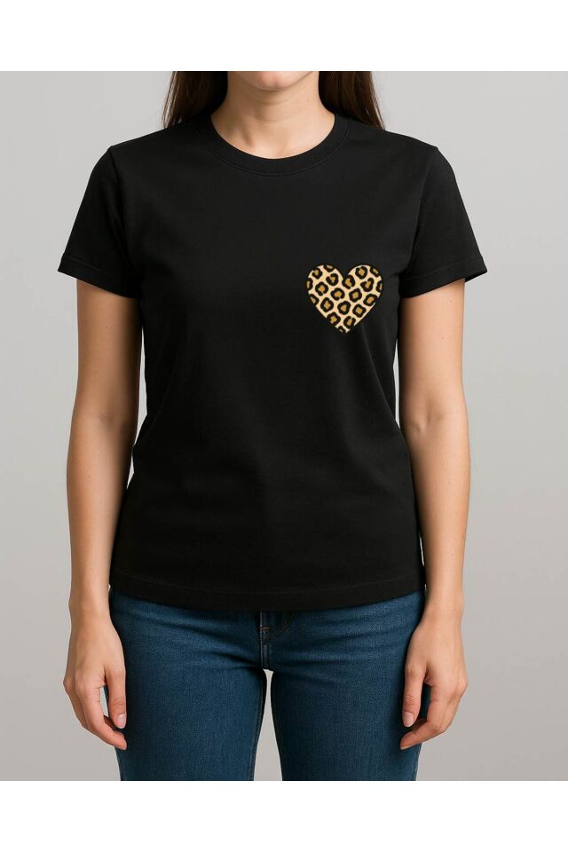 Tişört Unisex (Leopar Kalp) Kadin Si̇yah - XL
