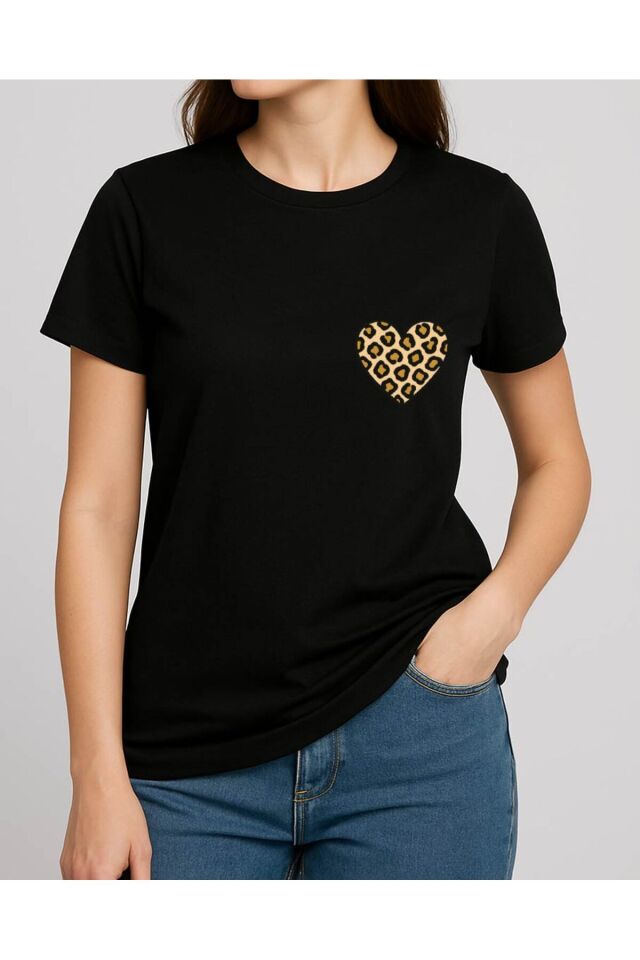 Tişört Unisex (Leopar Kalp) Kadin Si̇yah - L