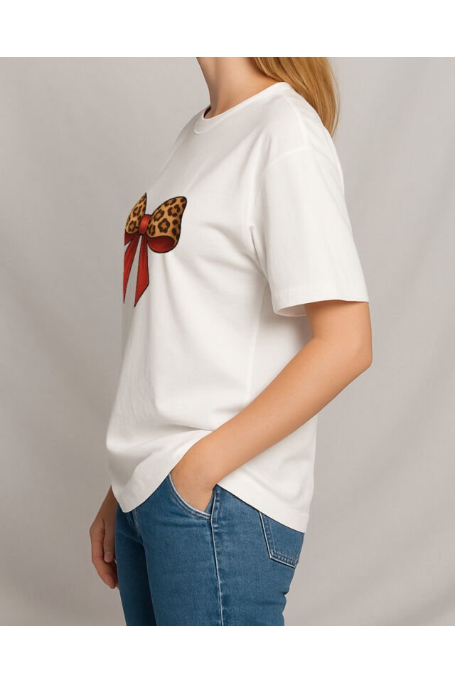 Tişört Unisex (Leopar Kurdele) Kadin Beyaz - XL