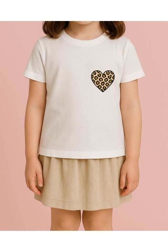 Tişört Unisex Çocuk (Leopar Kalp) Kiz Beyaz - 4-5 Yaş