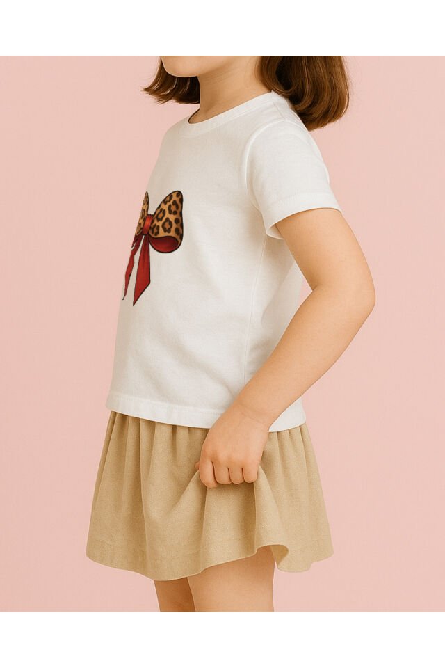 Tişört Unisex Çocuk (Leopar Kurdele) Kiz Beyaz - 4-5 Yaş