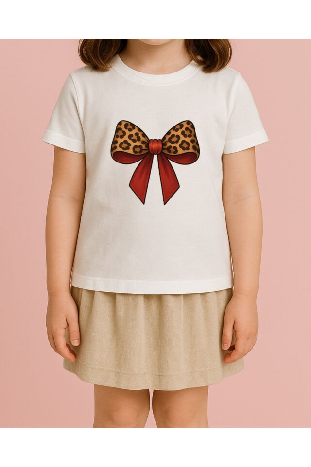 Tişört Unisex Çocuk (Leopar Kurdele) Kiz Beyaz - 10-11 Yaş