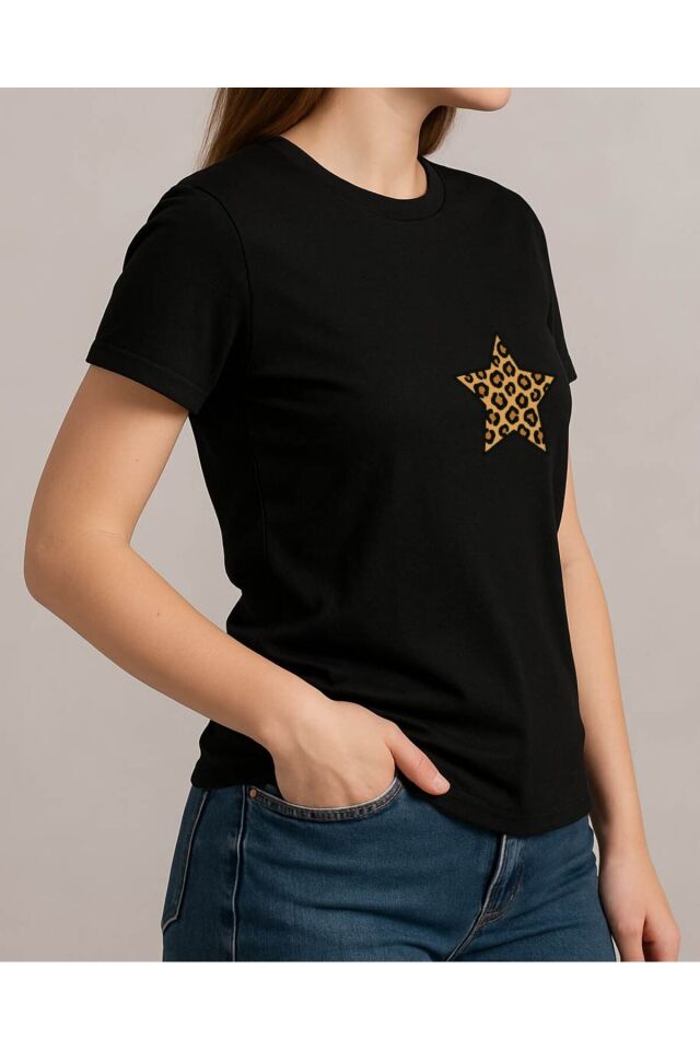 Tişört Unisex (Leopar Yıldız) Kadin Si̇yah - M