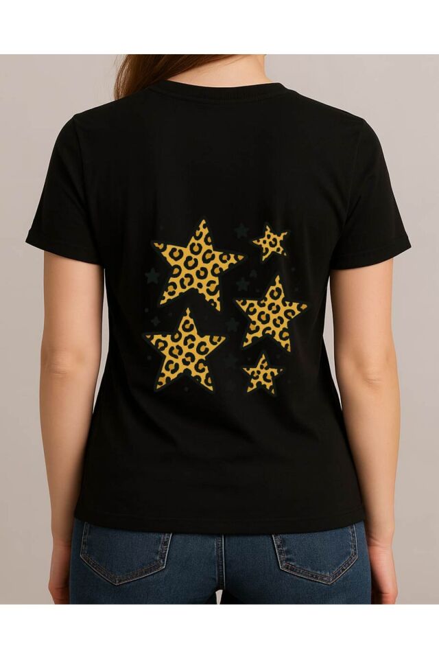 Tişört Unisex (Leopar Yıldız) Kadin Si̇yah - M
