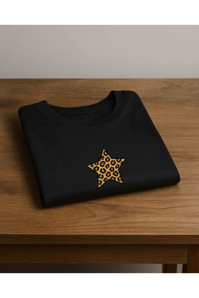 Tişört Unisex (Leopar Yıldız) Kadin Si̇yah - S