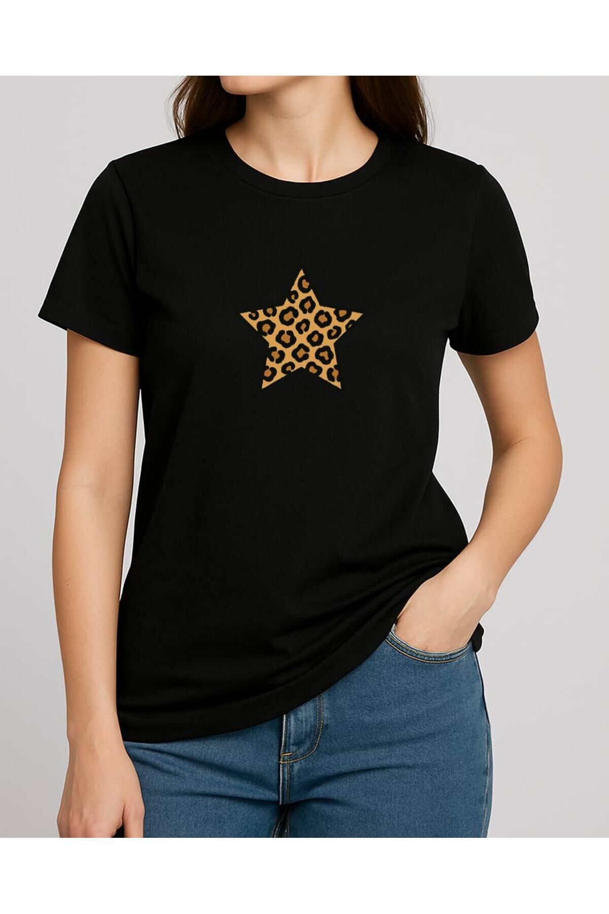 Tişört Unisex (Leopar Yıldız) Kadin Si̇yah - 2XL