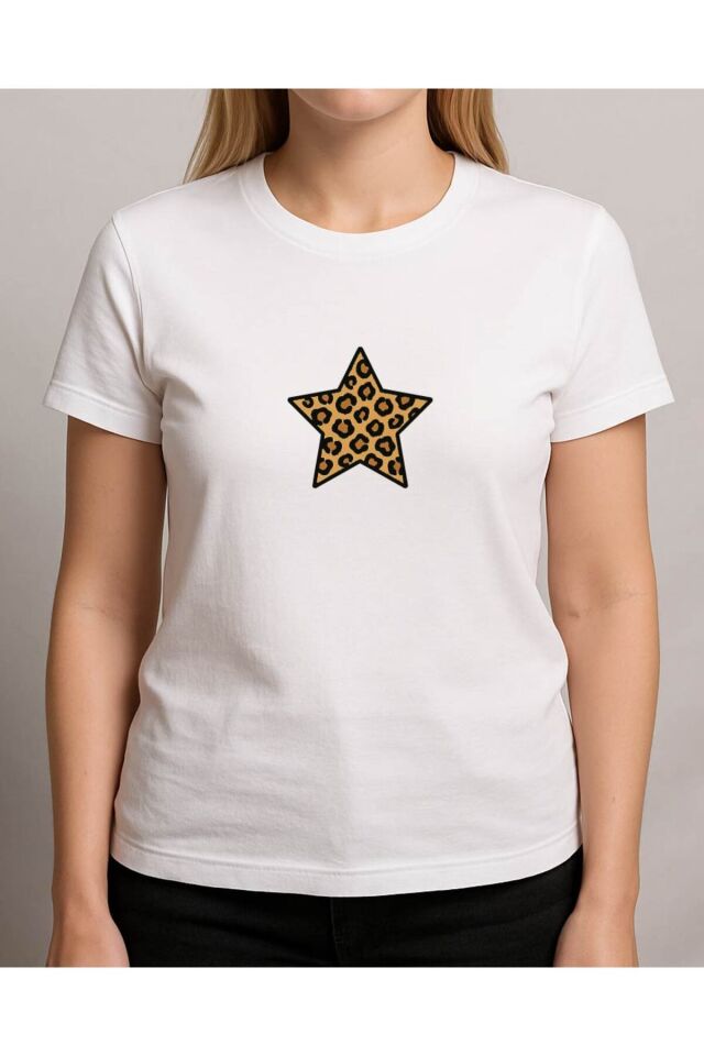 Tişört Unisex (Leopar Yıldız) Kadin Beyaz - XL