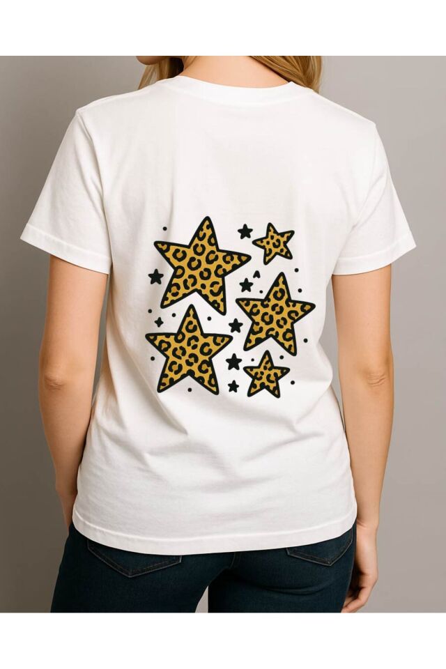Tişört Unisex (Leopar Yıldız) Kadin Beyaz - L