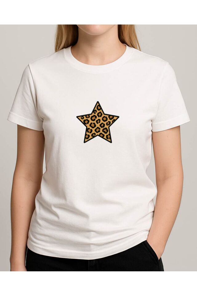 Tişört Unisex (Leopar Yıldız) Kadin Beyaz - L
