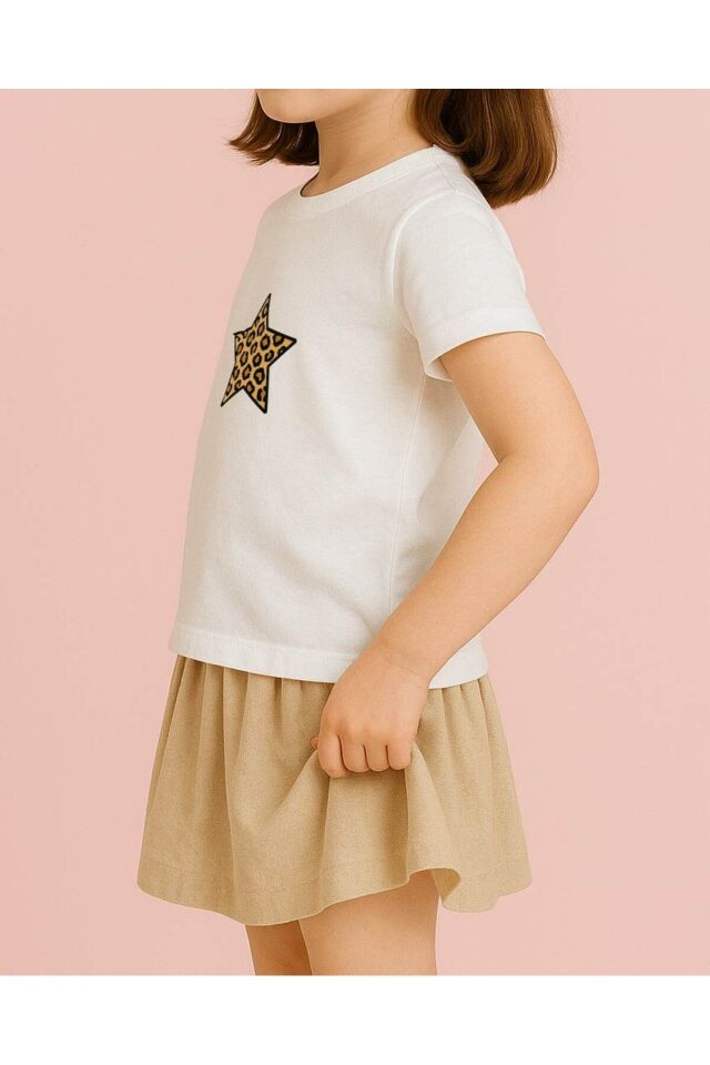 Tişört Unisex Çocuk (Leopar Yıldız) Kiz Beyaz - 10-11 Yaş