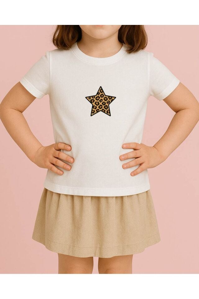 Tişört Unisex Çocuk (Leopar Yıldız) Kiz Beyaz - 10-11 Yaş