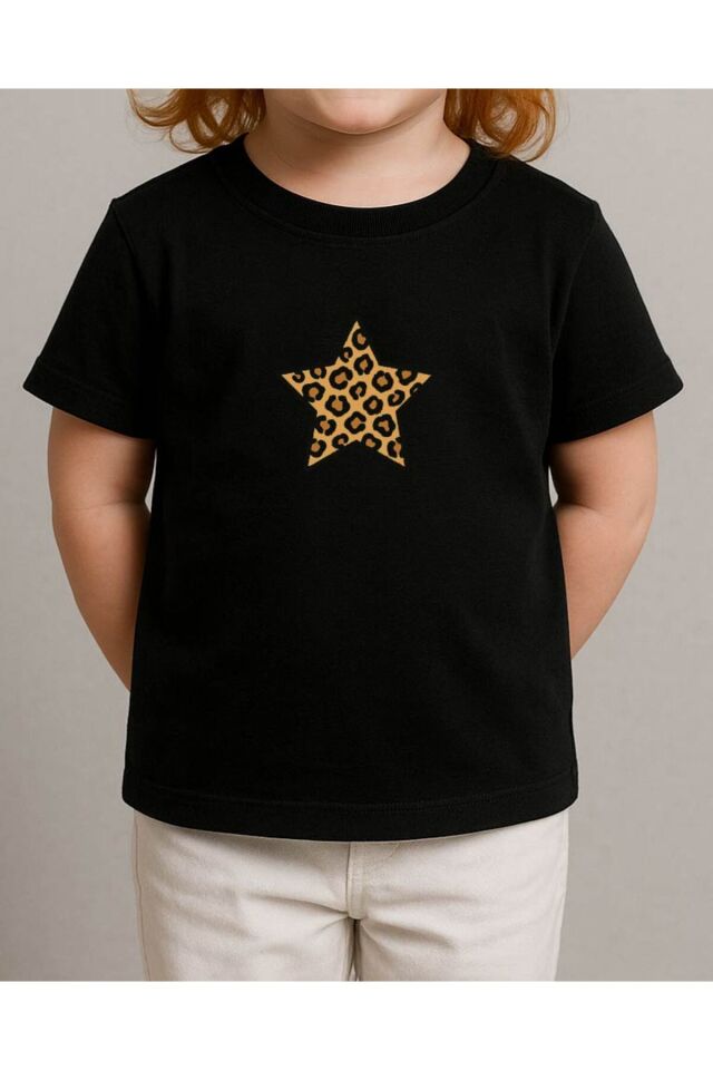 Tişört Unisex Çocuk (Leopar Yıldız) Kiz Si̇yah - 4-5 Yaş