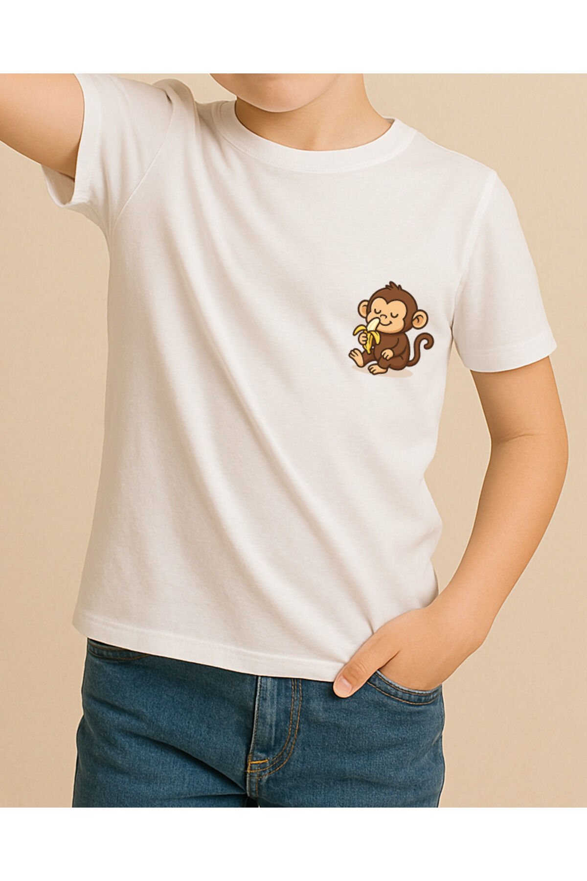 Tişört Unisex Çocuk (Maymun) Erkek Beyaz - 4-5 Yaş