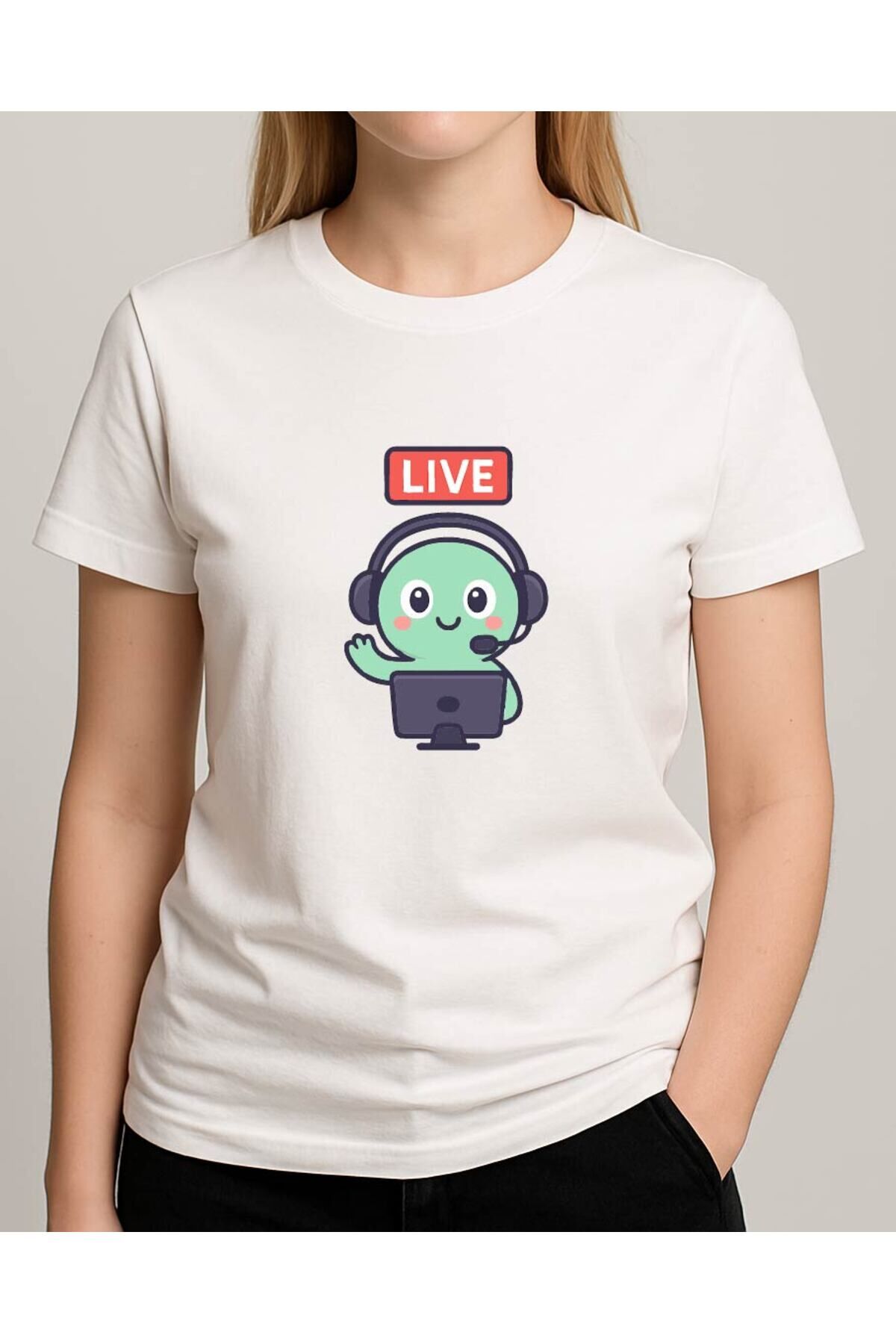 Tişört Unisex (Live Yeşil Yaratık) Kadin Beyaz - L