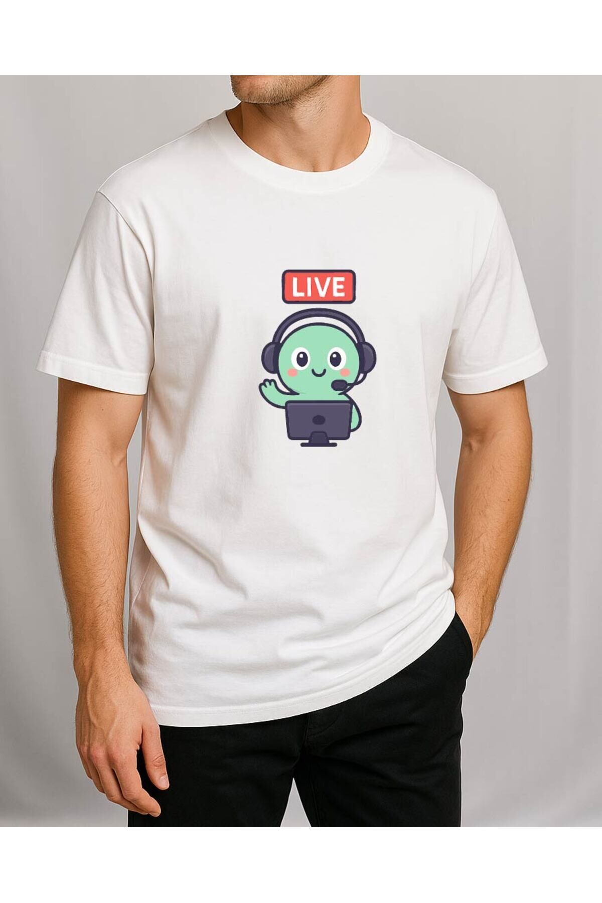 Tişört Unisex (Live Yeşil Yaratık) Erkek Beyaz - L