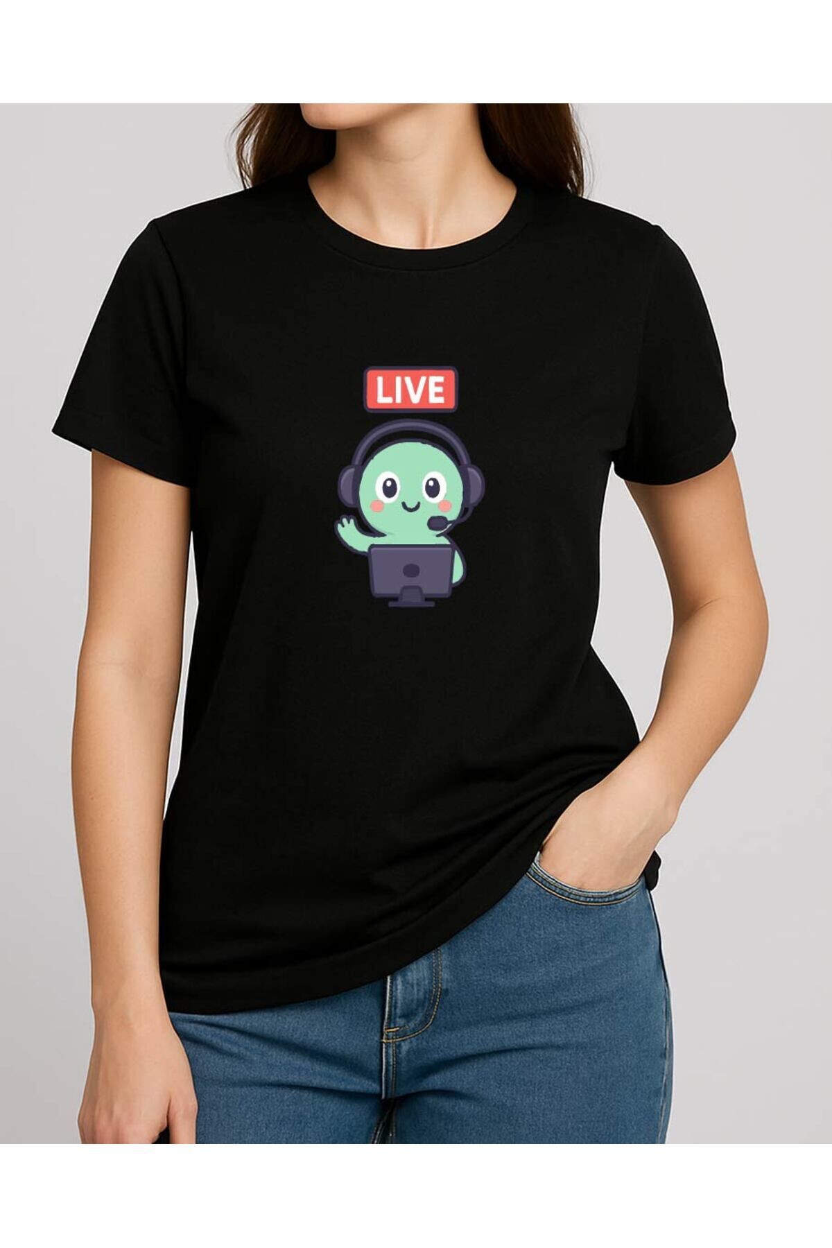 Tişört Unisex (Live Yeşil Yaratık) Kadin Si̇yah - L