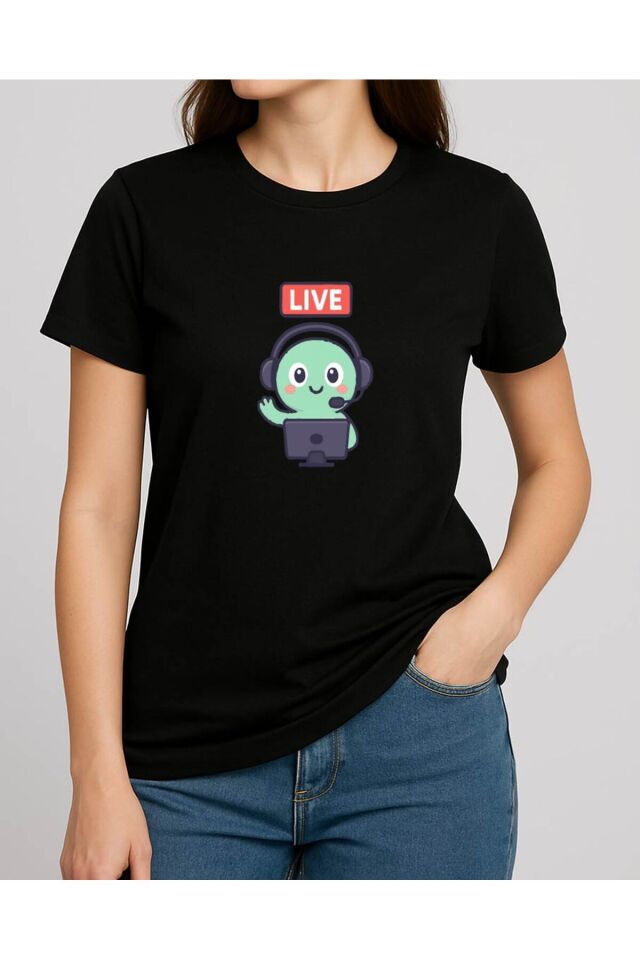 Tişört Unisex (Live Yeşil Yaratık) Kadin Si̇yah - L