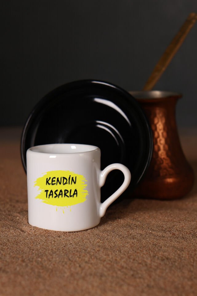 Kendin tasarla bardak - Kişiye özel bardak Türk Kahvesi Fincanı Siyah Altlıklı