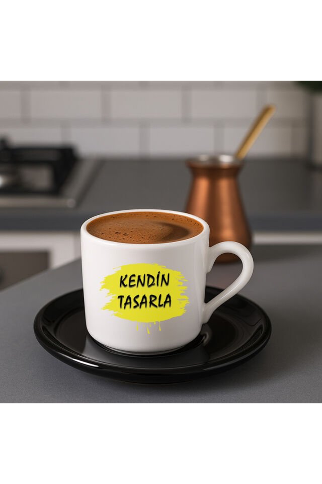 Kendin tasarla bardak - Kişiye özel bardak Türk Kahvesi Fincanı Siyah Altlıklı