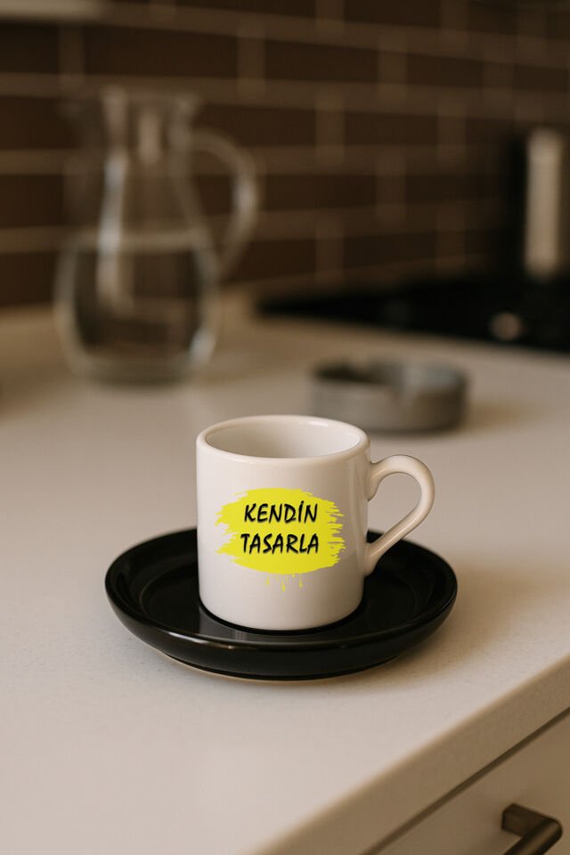 Kendin tasarla bardak - Kişiye özel bardak Türk Kahvesi Fincanı Siyah Altlıklı