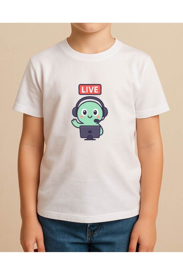 Tişört Unisex Çocuk (Live Yeşil Yaratık) Erkek Beyaz - 10-11 Yaş