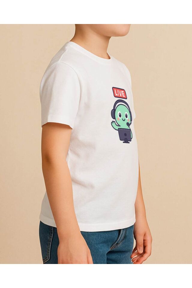 Tişört Unisex Çocuk (Live Yeşil Yaratık) Erkek Beyaz - 10-11 Yaş