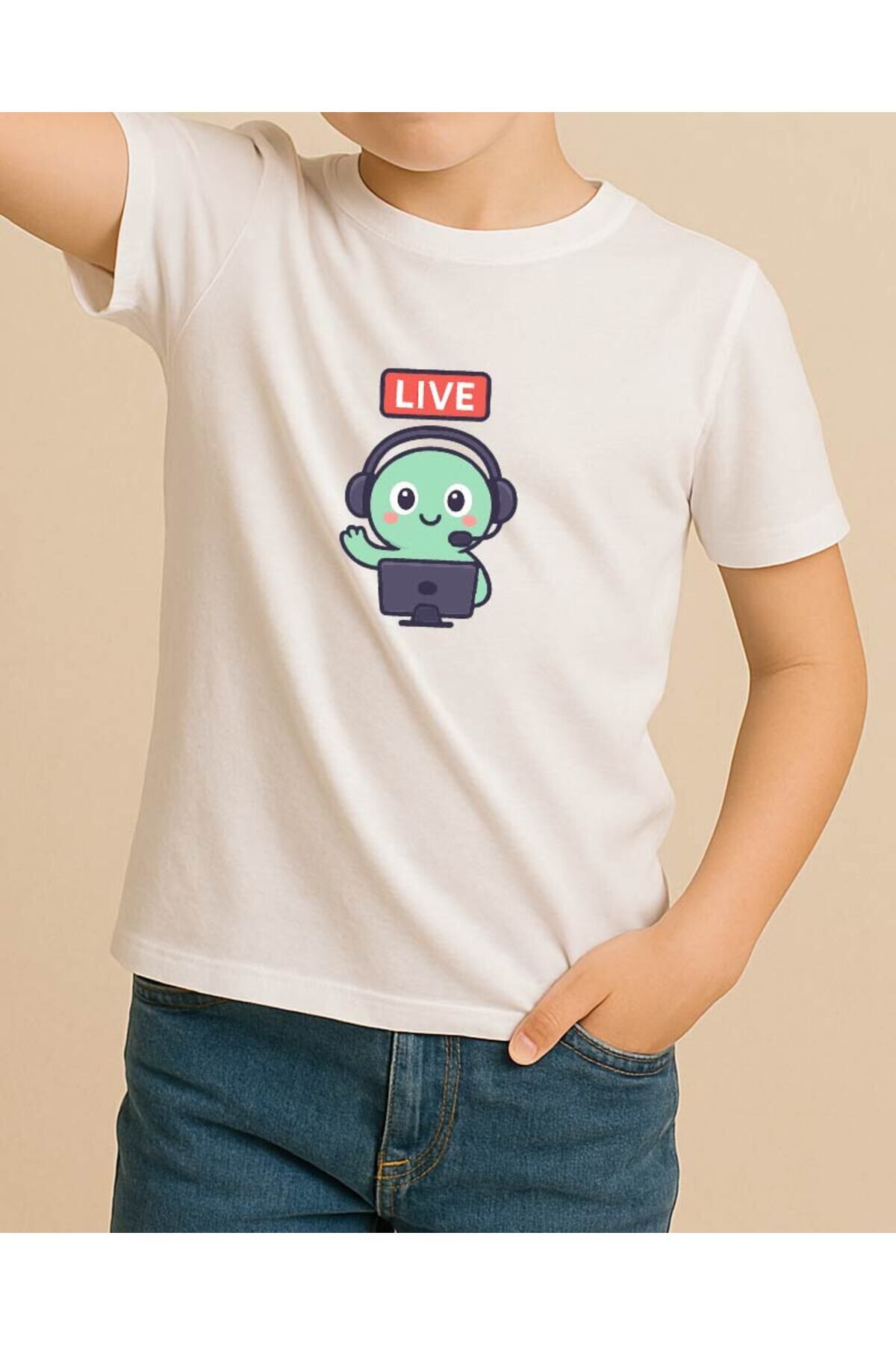 Tişört Unisex Çocuk (Live Yeşil Yaratık) Erkek Beyaz - 4-5 Yaş