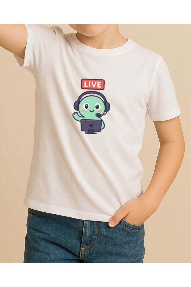 Tişört Unisex Çocuk (Live Yeşil Yaratık) Erkek Beyaz - 4-5 Yaş