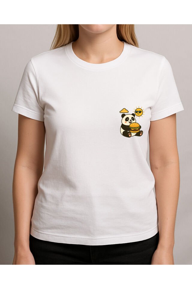 Tişört Unisex (Panda Hamburger) Kadin Beyaz - XL