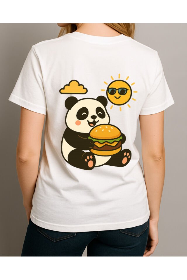 Tişört Unisex (Panda Hamburger) Kadin Beyaz - XL