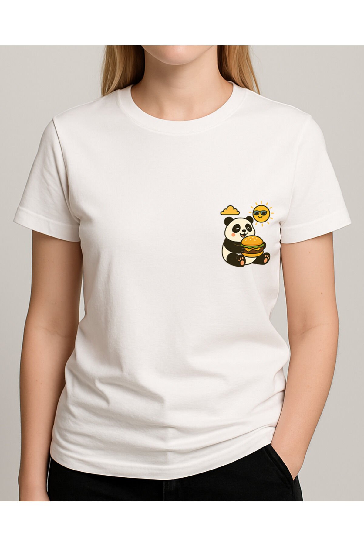Tişört Unisex (Panda Hamburger) Kadin Beyaz - XL