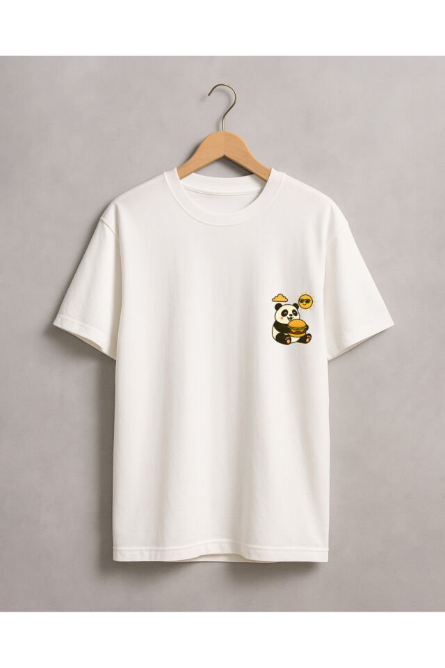 Tişört Unisex (Panda Hamburger) Erkek Beyaz - L
