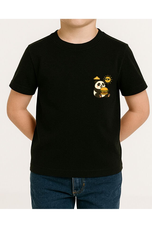 Tişört Unisex Çocuk (Panda Hamburger) Erkek Si̇yah - 4-5 Yaş