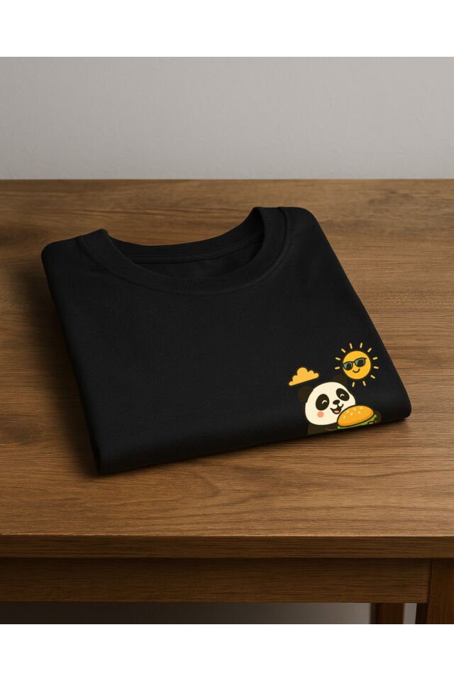 Tişört Unisex Çocuk (Panda Hamburger) Erkek Si̇yah - 10-11 Yaş