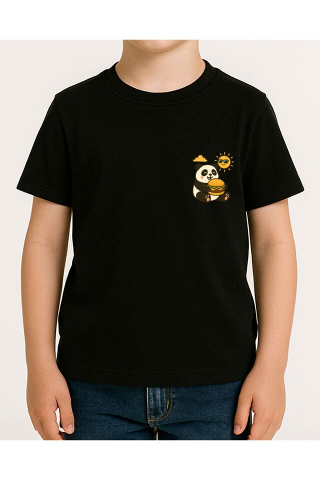 Tişört Unisex Çocuk (Panda Hamburger) Erkek Si̇yah - 10-11 Yaş