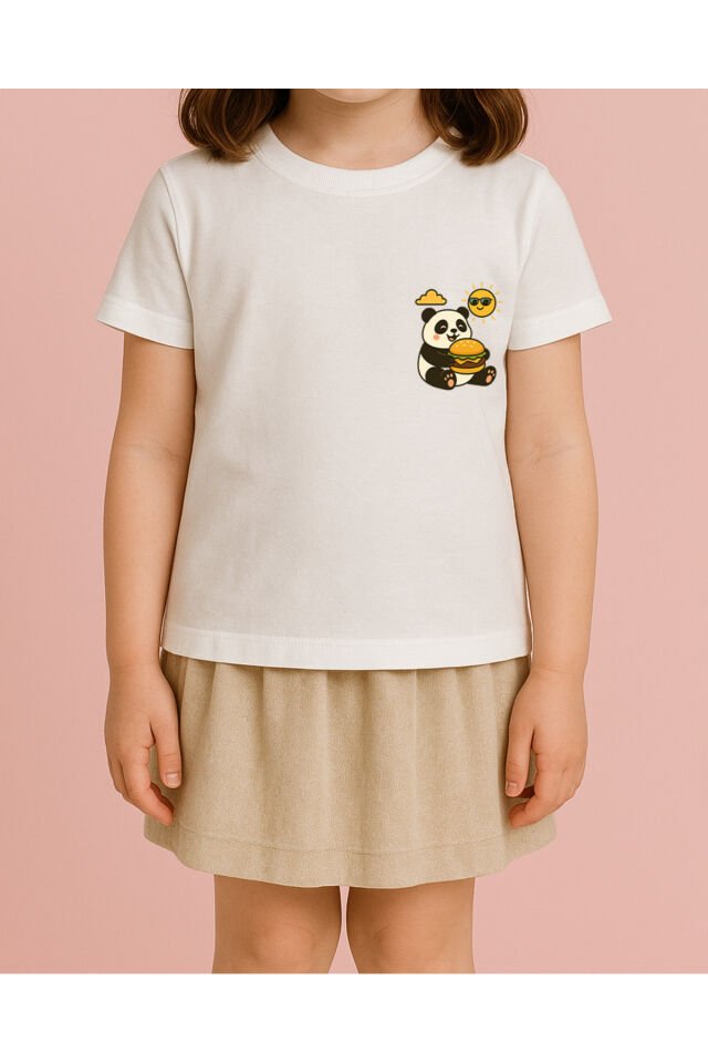 Tişört Unisex Çocuk (Panda Hamburger) Kiz Beyaz - 10-11 Yaş