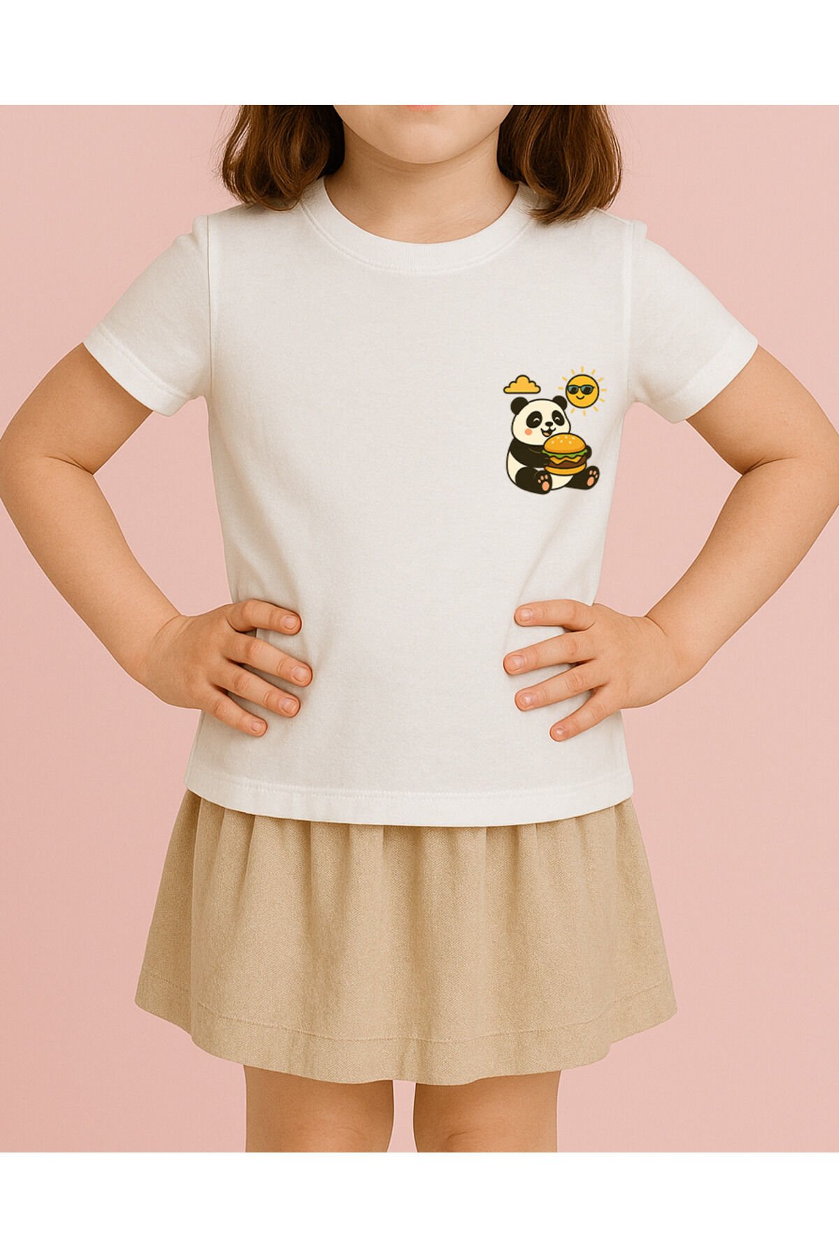 Tişört Unisex Çocuk (Panda Hamburger) Kiz Beyaz - 10-11 Yaş
