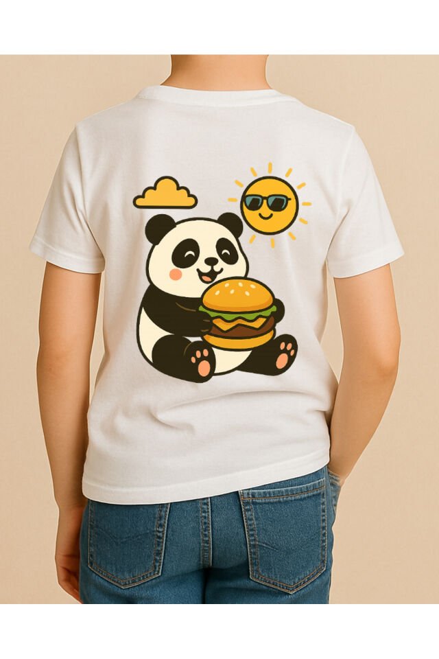 Tişört Unisex Çocuk (Panda Hamburger) Erkek Beyaz - 4-5 Yaş