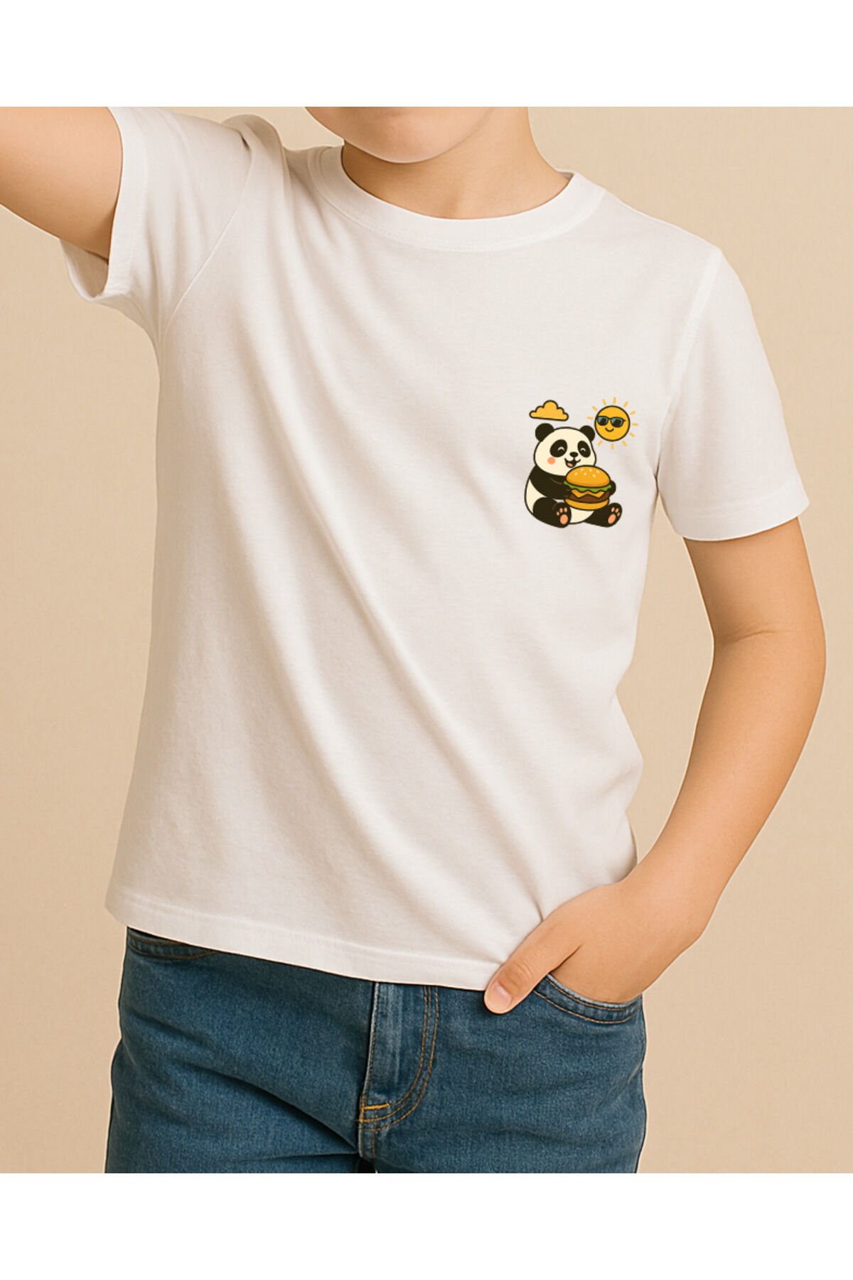 Tişört Unisex Çocuk (Panda Hamburger) Erkek Beyaz - 10-11 Yaş