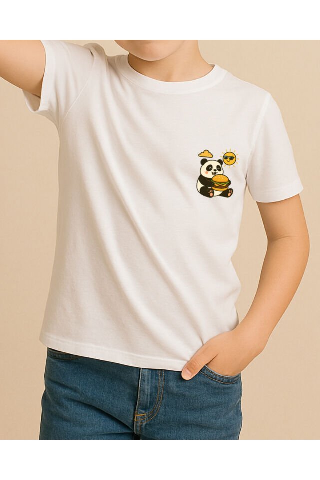 Tişört Unisex Çocuk (Panda Hamburger) Erkek Beyaz - 10-11 Yaş