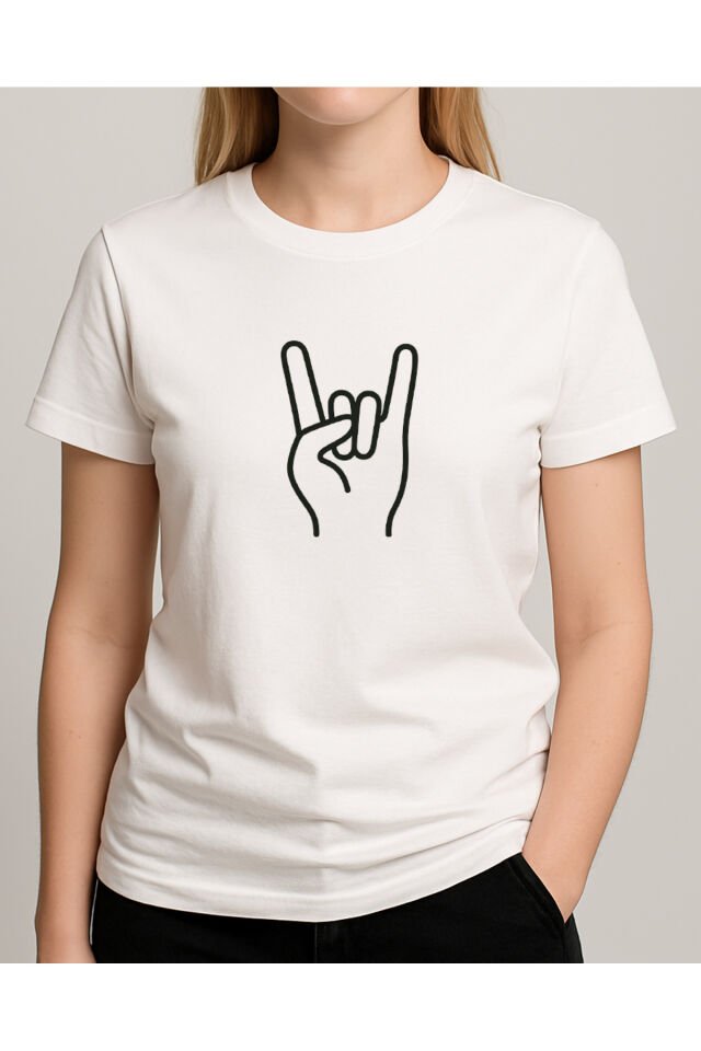 Tişört Unisex (Rock El İşareti) Kadin Beyaz - M