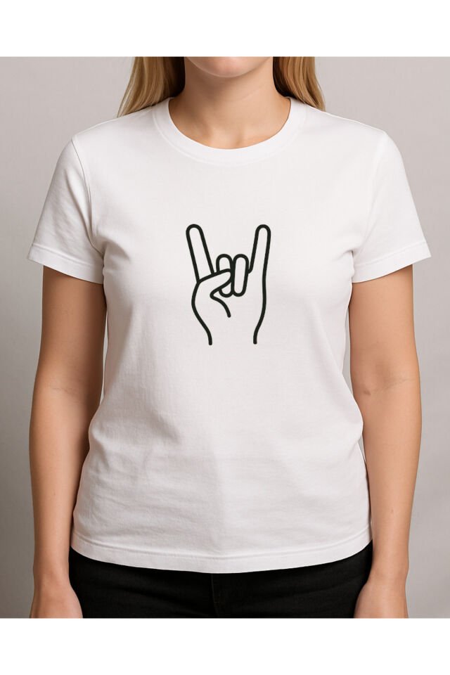 Tişört Unisex (Rock El İşareti) Kadin Beyaz - 2XL